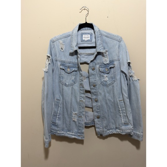 Wax Jean Jackets & Blazers - WAX JEAN Distressed Denim Jacket Light Wash Ripped Trucker Y2K Streetwear Small